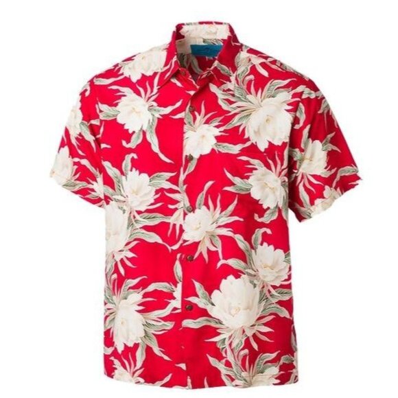 Island Eddies Other - Men’s Hawaiian Aloha Shirt Red White Green Floral – Short Sleeve - Made in HI